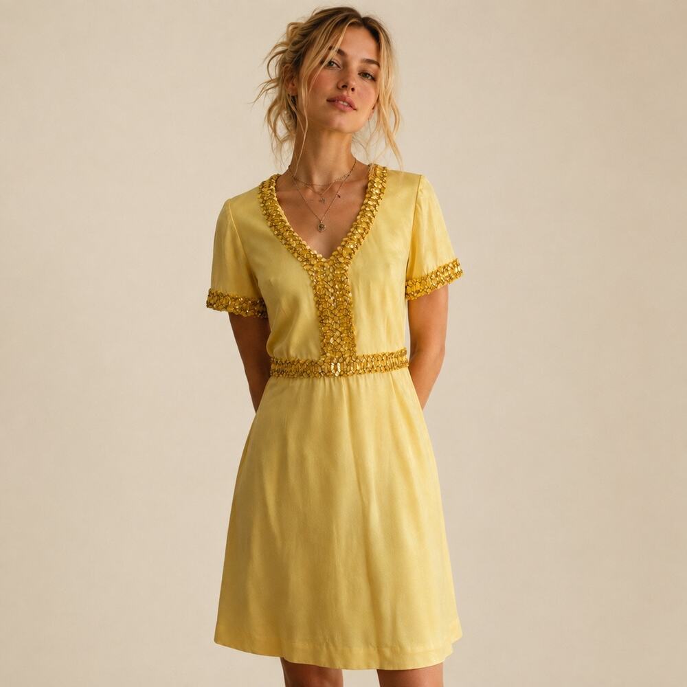 Vintage 1960s Mod Mid Century Yellow Gold Sequin A Line Mini Dress S/M